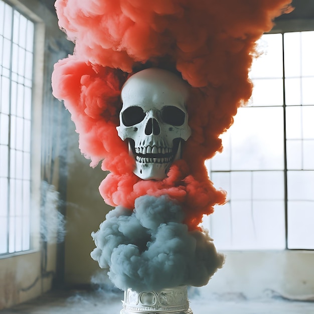 Photo a skull with red and blue smoke in front of a window