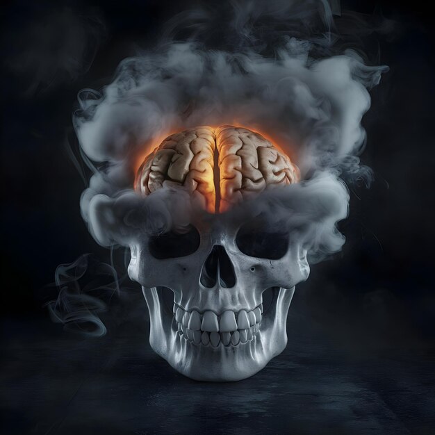 Photo a skull with a red brain and smoke coming out of it