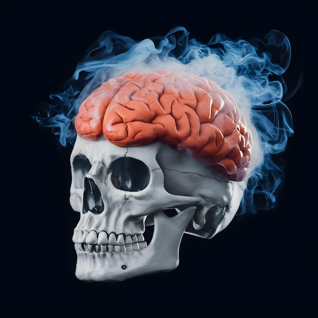 Photo a skull with a red brain and smoke coming out of it