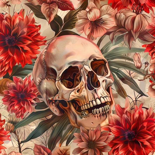 a skull with red flowers and a skull on it