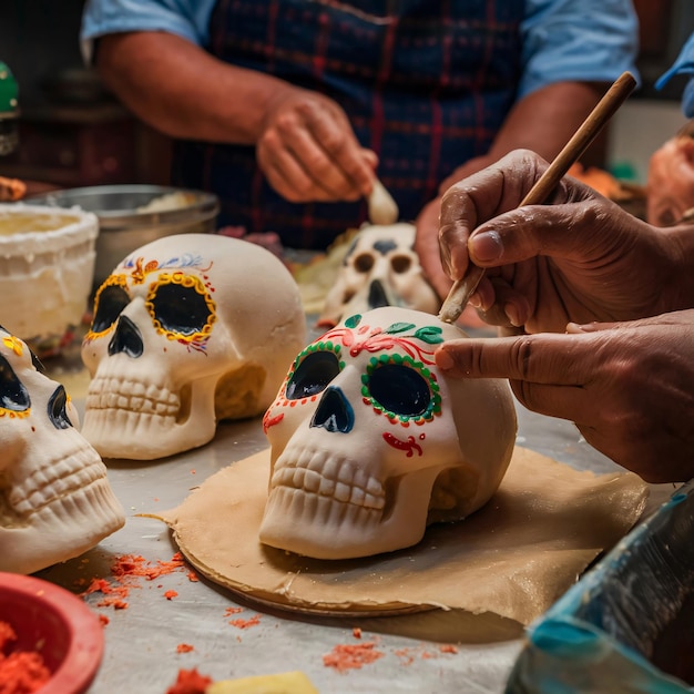 Photo a skull with a red and green band is being painted on a table