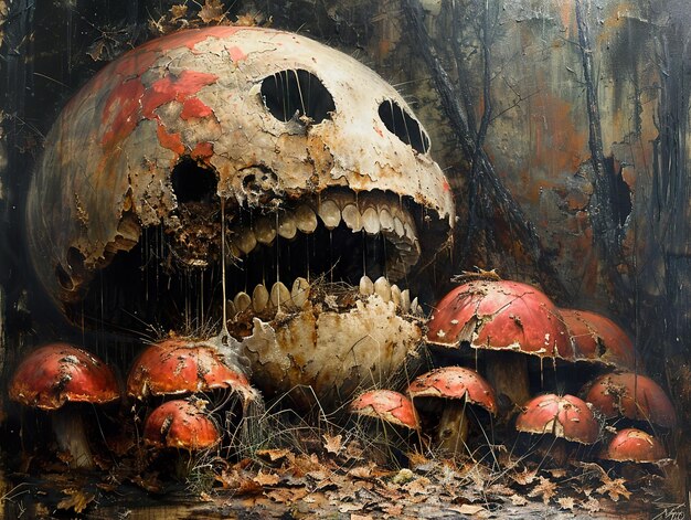 a skull with red spots on it and the word mushroom