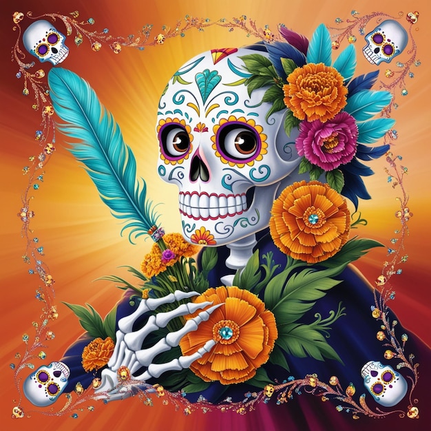 a skull with a ring of flowers and a skull with a ring of gold leaves