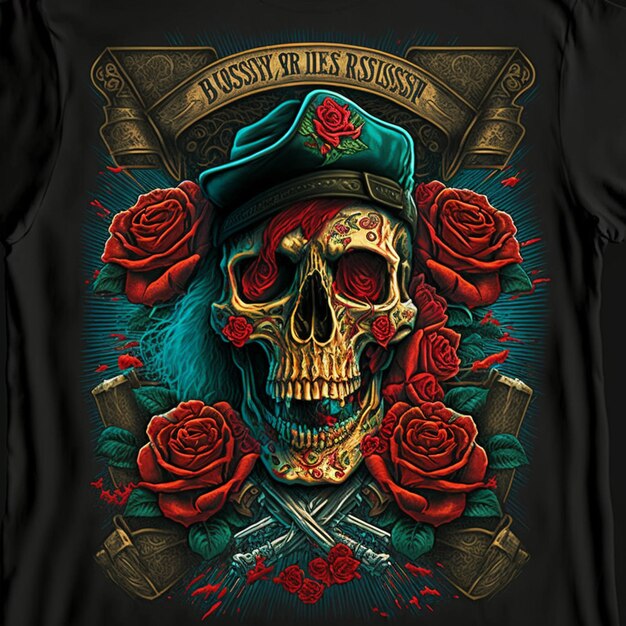 Skull with roses and a hat with guns on a black shirt generative ai