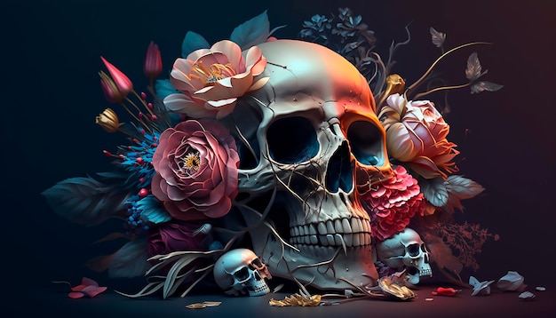 Skull with roses Human Skull in Beautiful Flowers Halloween images Day of the Dead Generative ai