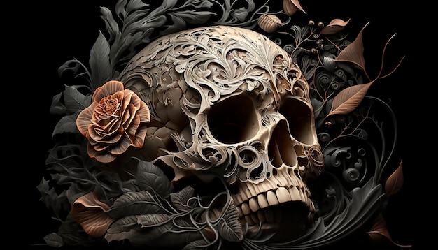 Skull with roses Human Skull in Beautiful Flowers Halloween images Day of the Dead Generative ai