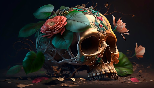 Skull with roses Human Skull in Beautiful Flowers Halloween images Day of the Dead Generative ai