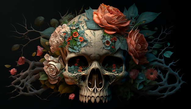 Skull with roses Human Skull in Beautiful Flowers Halloween images Day of the Dead Generative ai