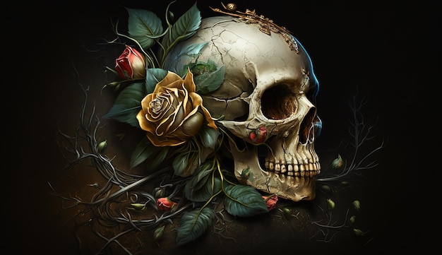 Skull with roses Human Skull in Beautiful Flowers Halloween images Day of the Dead Generative ai