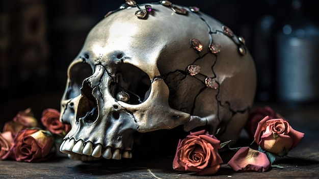 Skull with roses Human Skull in Beautiful Flowers Halloween images Day of the Dead Generative ai