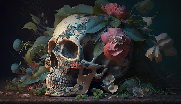 Skull with roses Human Skull in Beautiful Flowers Halloween images Day of the Dead Generative ai