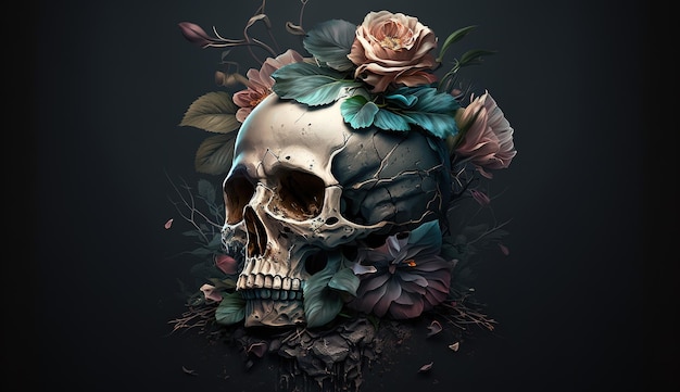 Skull with roses Human Skull in Beautiful Flowers Halloween images Day of the Dead Generative ai