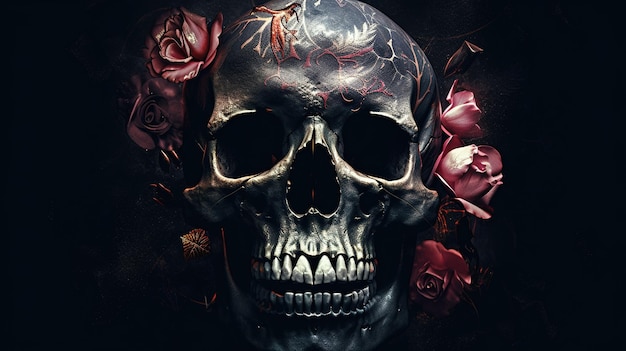 Skull with roses Human Skull in Beautiful Flowers Halloween images Day of the Dead Generative ai