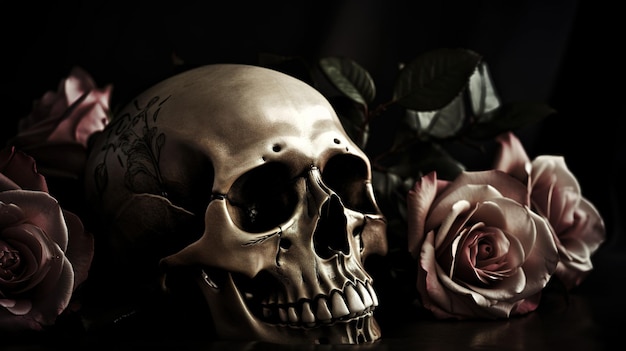 Skull with roses Human Skull in Beautiful Flowers Halloween images Day of the Dead Generative ai