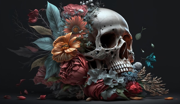 Skull with roses Human Skull in Beautiful Flowers Halloween images Day of the Dead Generative ai