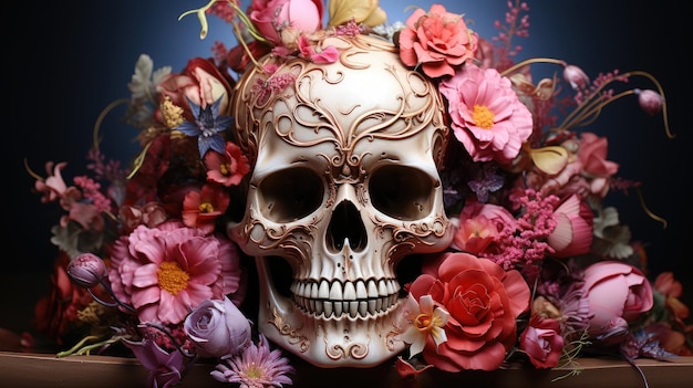 Skull with roses Human Skull in Beautiful Flowers Halloween images Day of the Dead