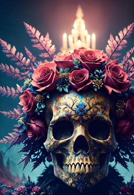 Skull with roses on it and a candle on the top