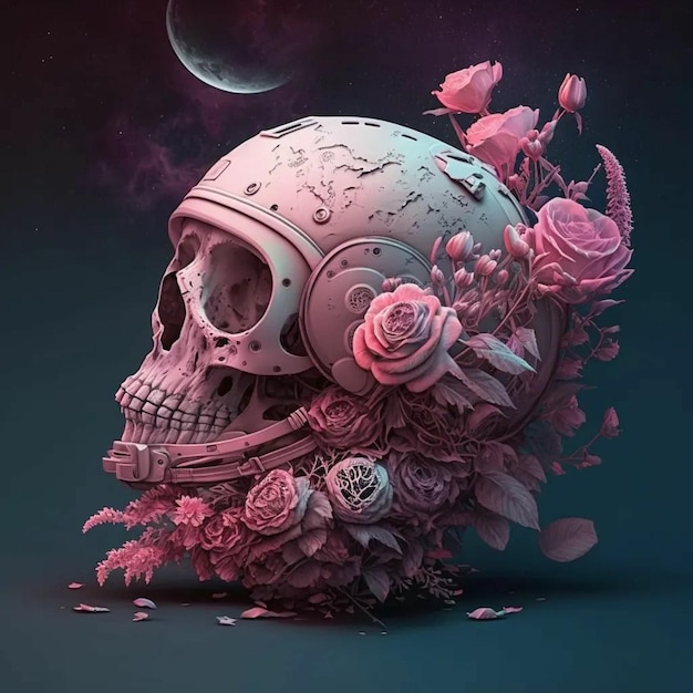 A skull with roses on it and a moon in the background.