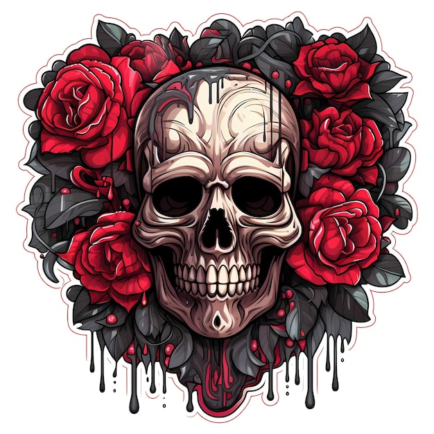 Skull with roses on it's head in the middle of white background Generative AI