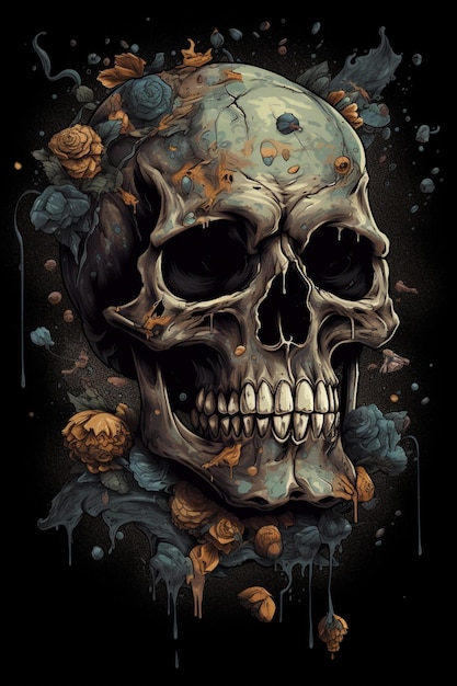 A skull with roses and leaves on it