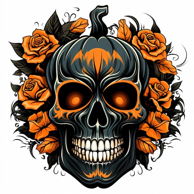 skull with roses and leaves on white background generative ai