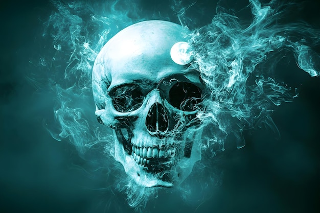 a skull with a round head and a round circle of smoke