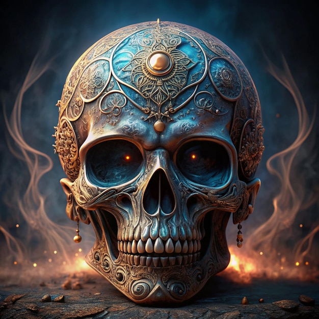 a skull with a skull and a fire in the background