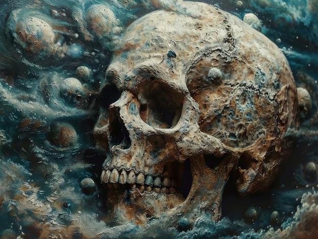 a skull with a skull on it is displayed in front of a picture of a sea of bubbles