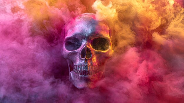 a skull with a skull on it is surrounded by smoke