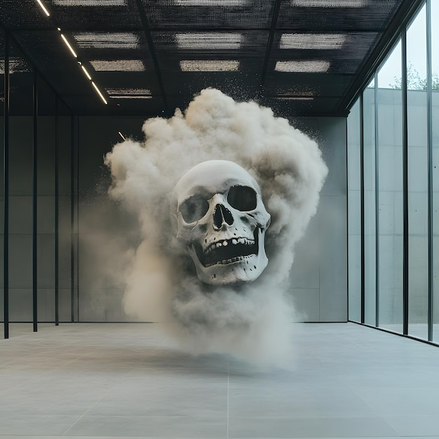 Photo a skull with a skull in the middle of a room with smoke coming out of it