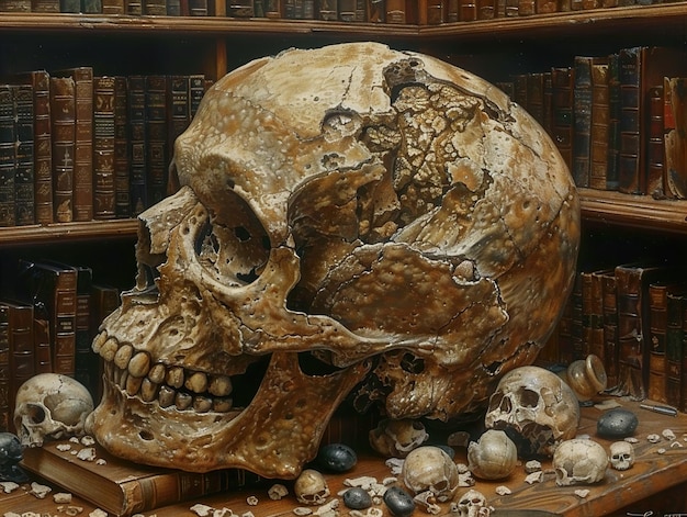 a skull with a skull and other objects in a room with other books