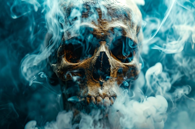 Skull with smoke coming out of it and large hole for nose