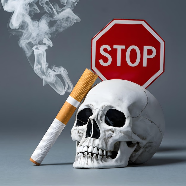 Skull with smoking cigarette under red STOP sign on muted gray For Social Media Post Size