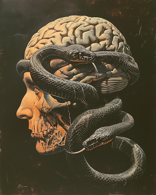 Photo a skull with a snake wrapped around its brain dark and detailed surreal