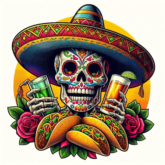 a skull with a sombrero and a skull with a mexican hat on it SORROUNDED BY TACOS