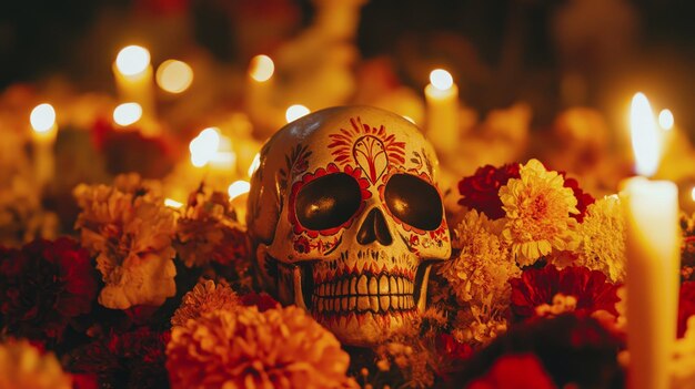 a skull with a sun painted on it sits among flowers