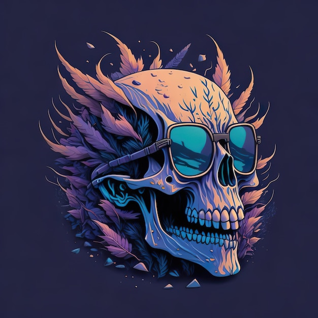 A skull with sunglasses and a blue background