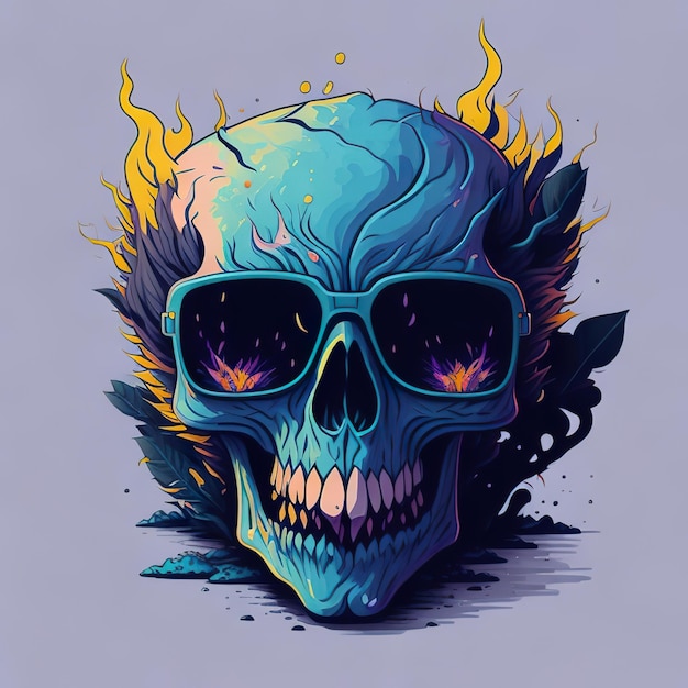 A skull with sunglasses and a blue skull with the words " fire " on it.