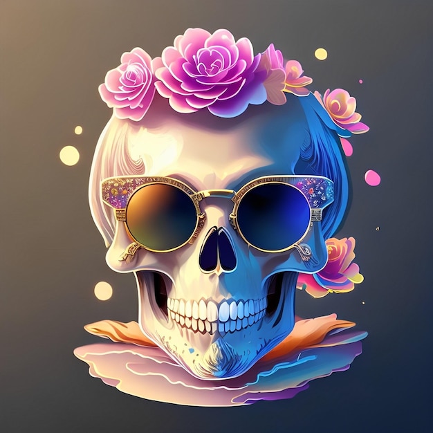 A skull with sunglasses and a flower on it