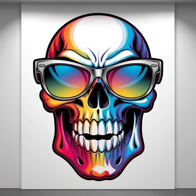 a skull with sunglasses on it is on a wall