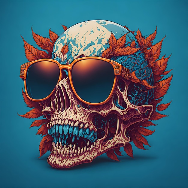 A skull with sunglasses and a skull with a blue background.