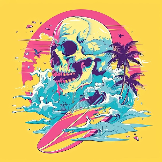 A skull with a surfboard on a yellow background