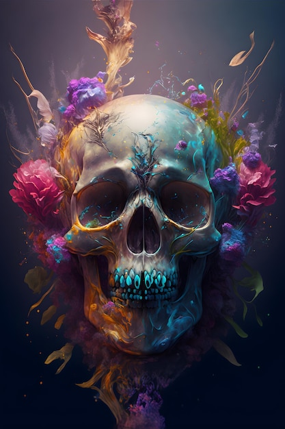 Skull with surrounded florals oil pant splash Generative ai