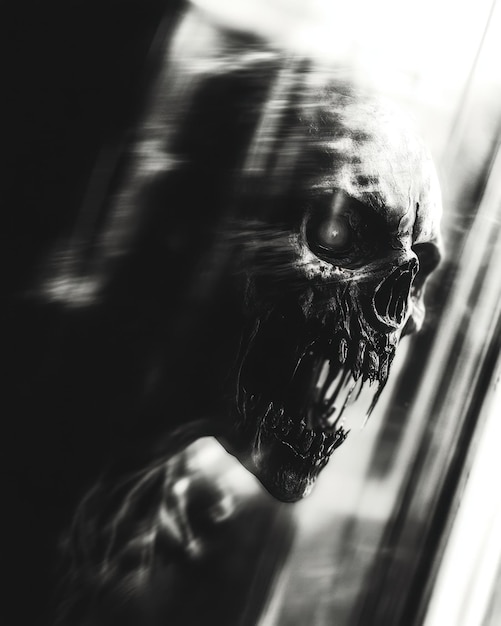 Photo a skull with teeth and a mouth open with a blurred background