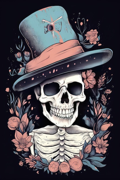 A skull with a top hat and flowers on it