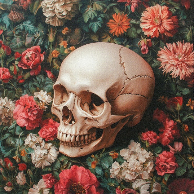 Photo skull with vibrant flowers dia de los muertos floral art on dark background