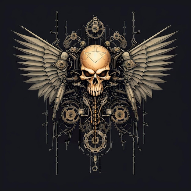 A skull with wings and gears on a black background generative ai image