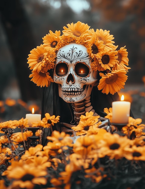 Photo a skull with a wreath of flowers and a skull with a candle in it