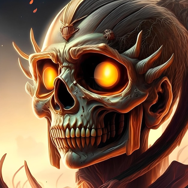 A skull with yellow eyes and a skull with a skull in the middle of the image.