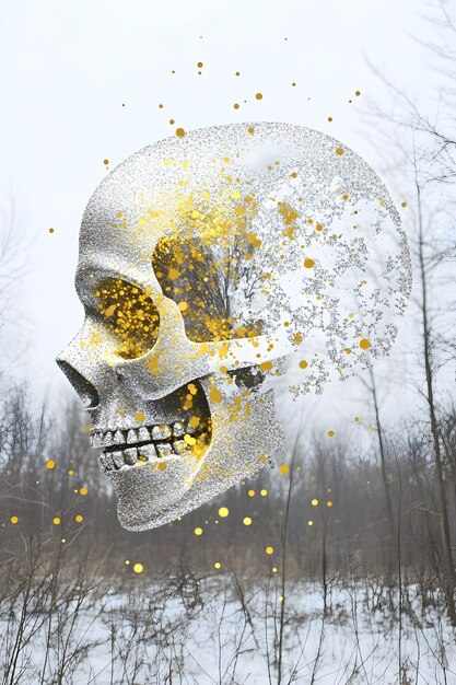 Photo a skull with a yellow face is surrounded by trees